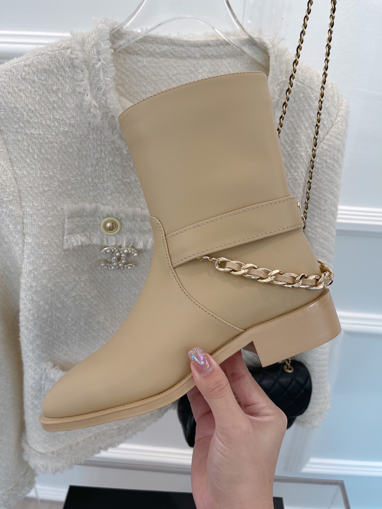Chanel Women’s Ankle Boots With Chain Beige For Women 1.5in/4cm