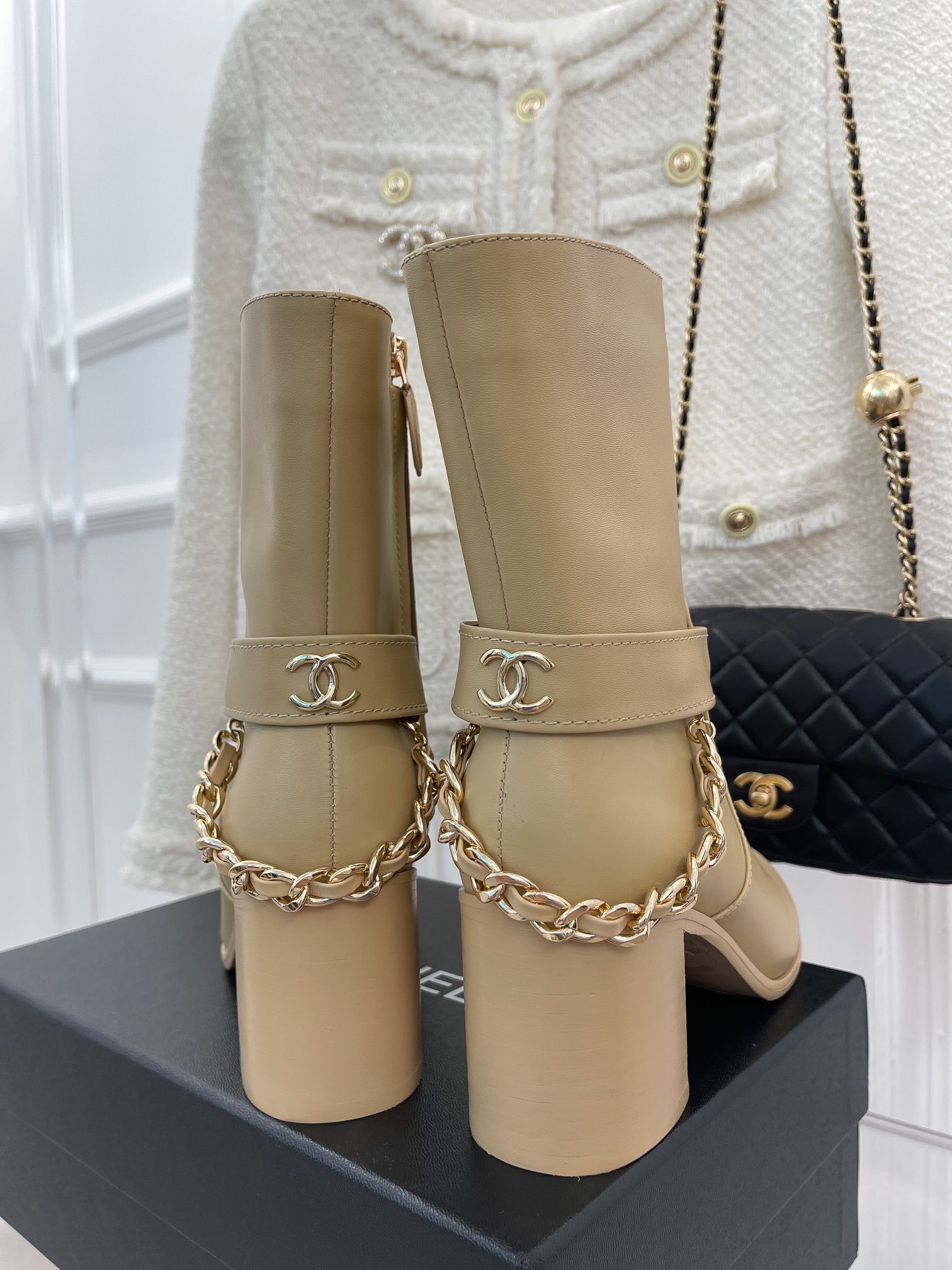 Chanel Women’s Ankle Boots With Chain Beige For Women 3.7in/9.5cm