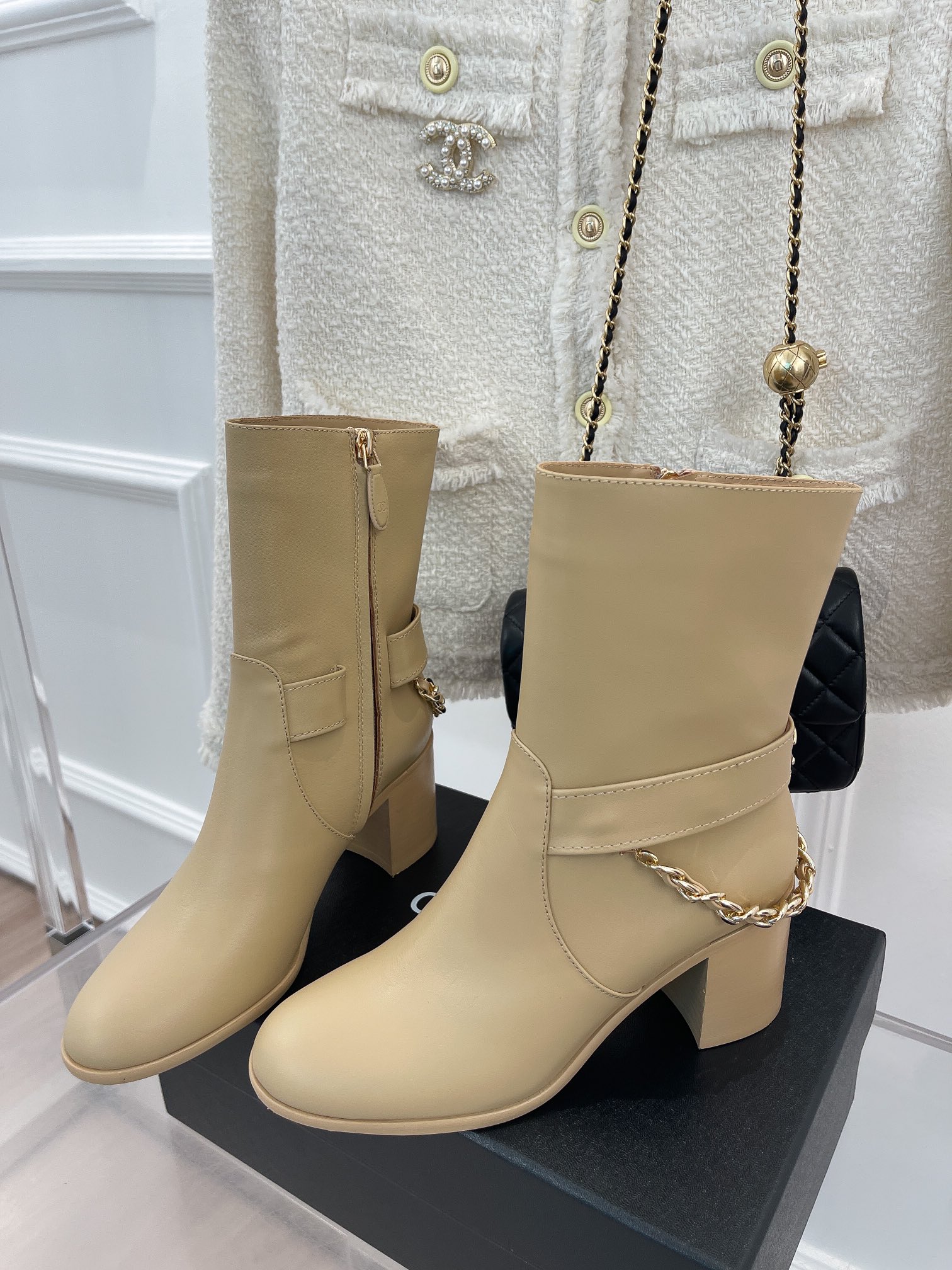Chanel Women’s Ankle Boots With Chain Beige For Women 3.7in/9.5cm