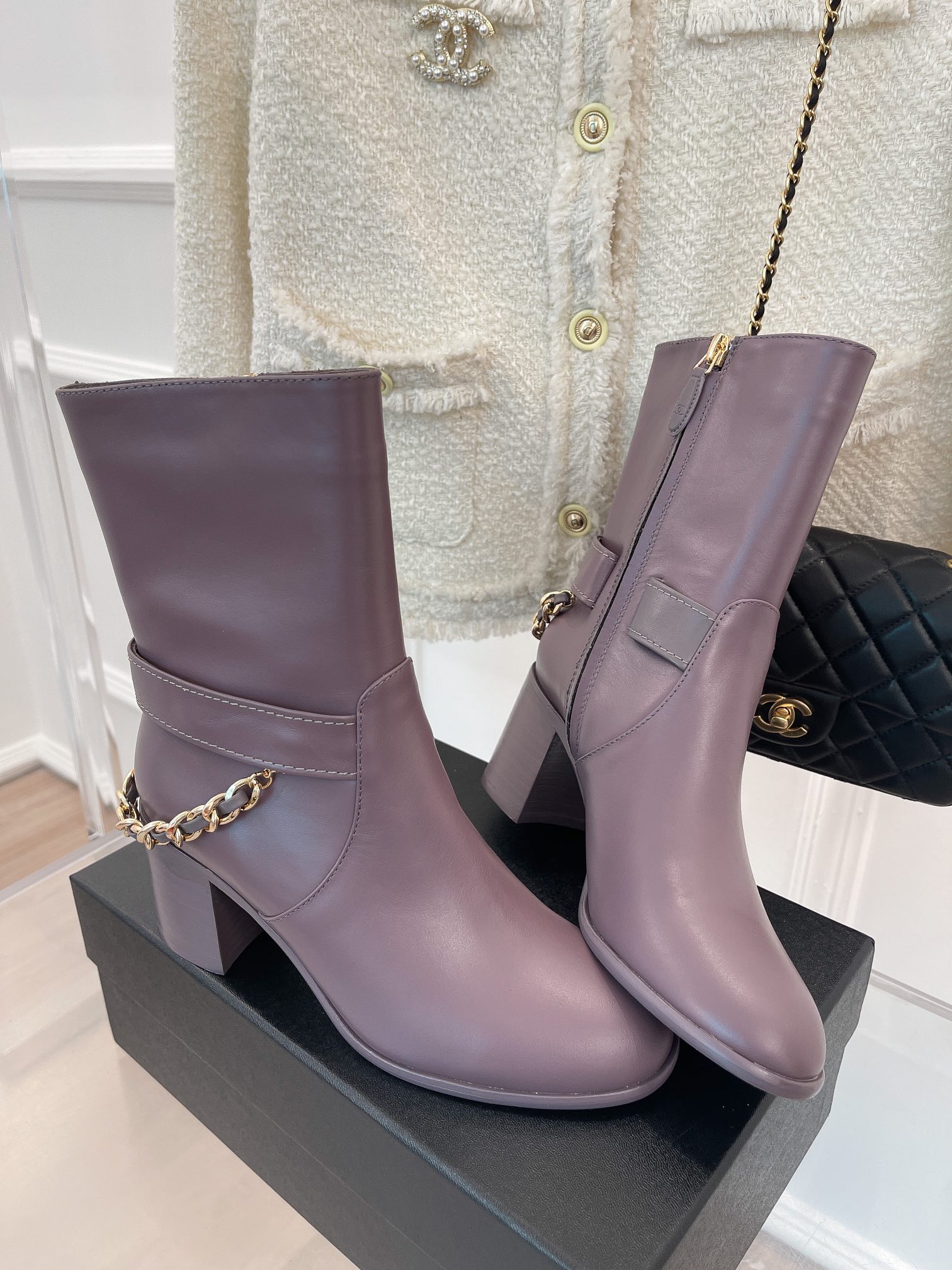 Chanel Women’s Ankle Boots With Chain Light Violet For Women 3.7in/9.5cm