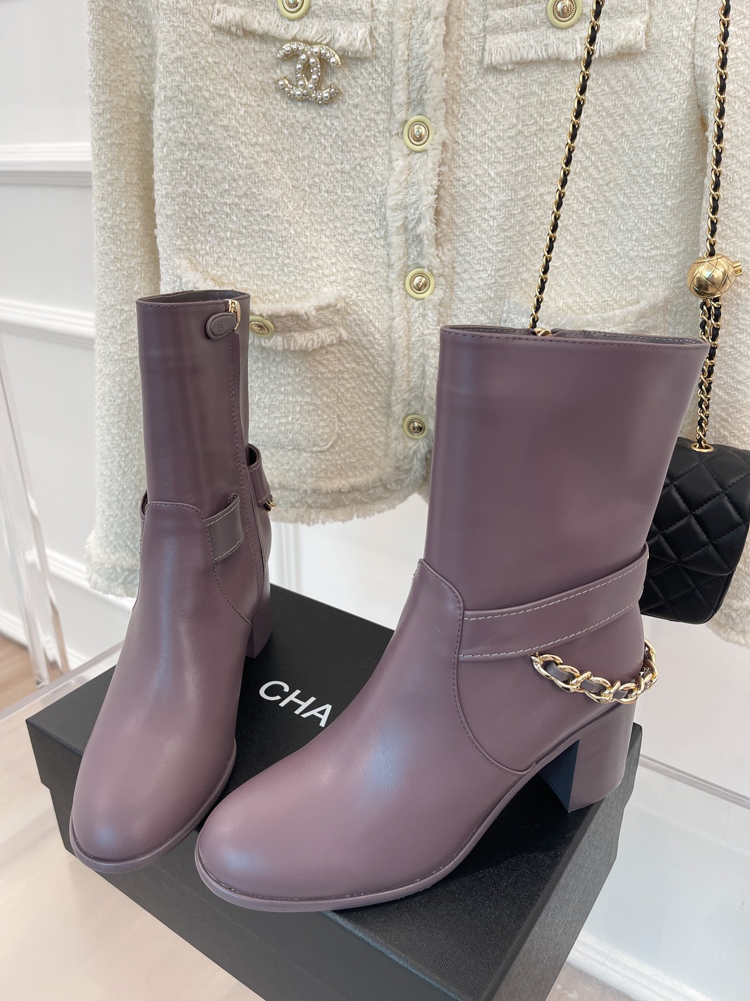 Chanel Women’s Ankle Boots With Chain Light Violet For Women 3.7in/9.5cm