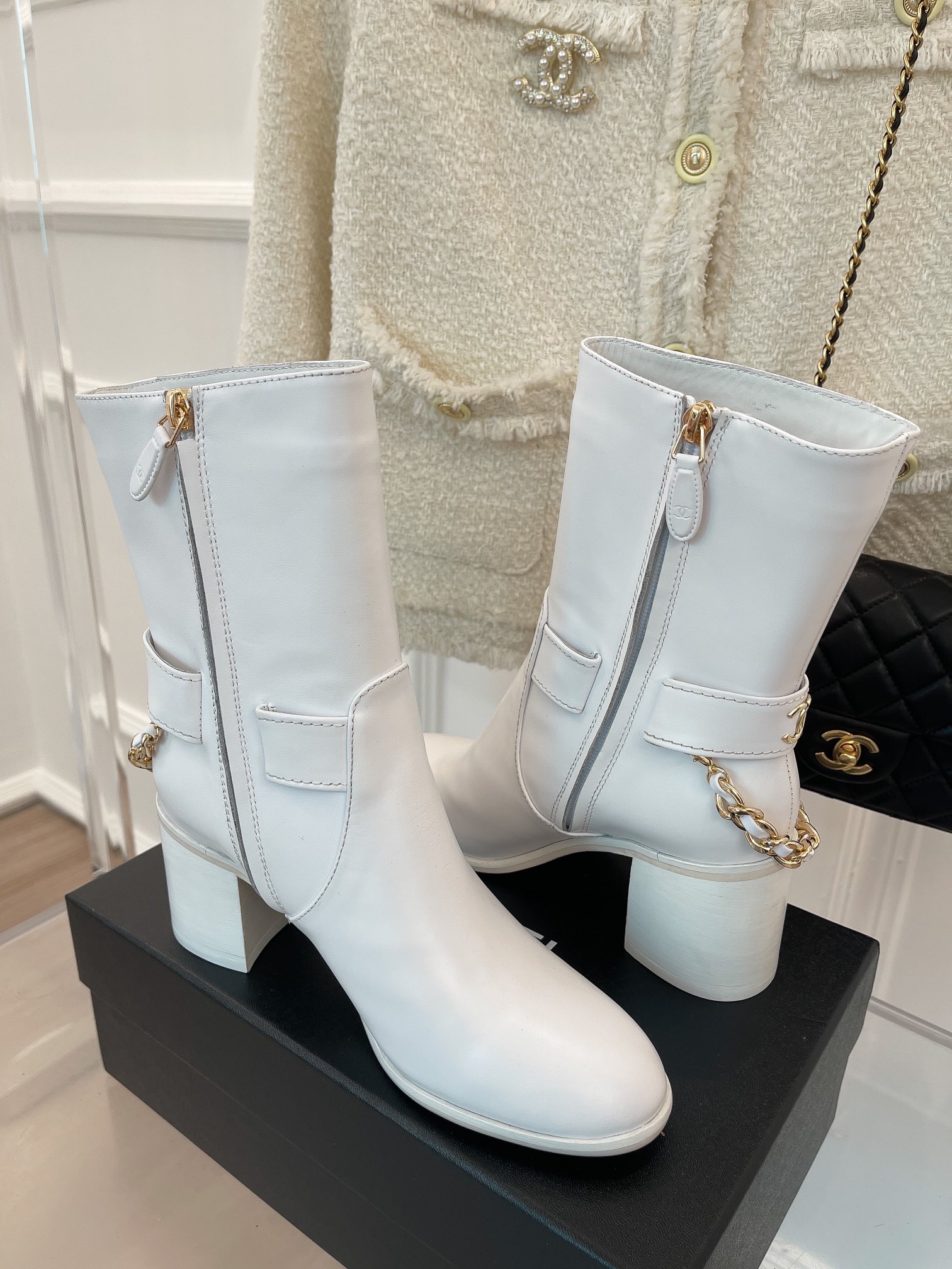 Chanel Women’s Ankle Boots With Chain White For Women 3.7in/9.5cm
