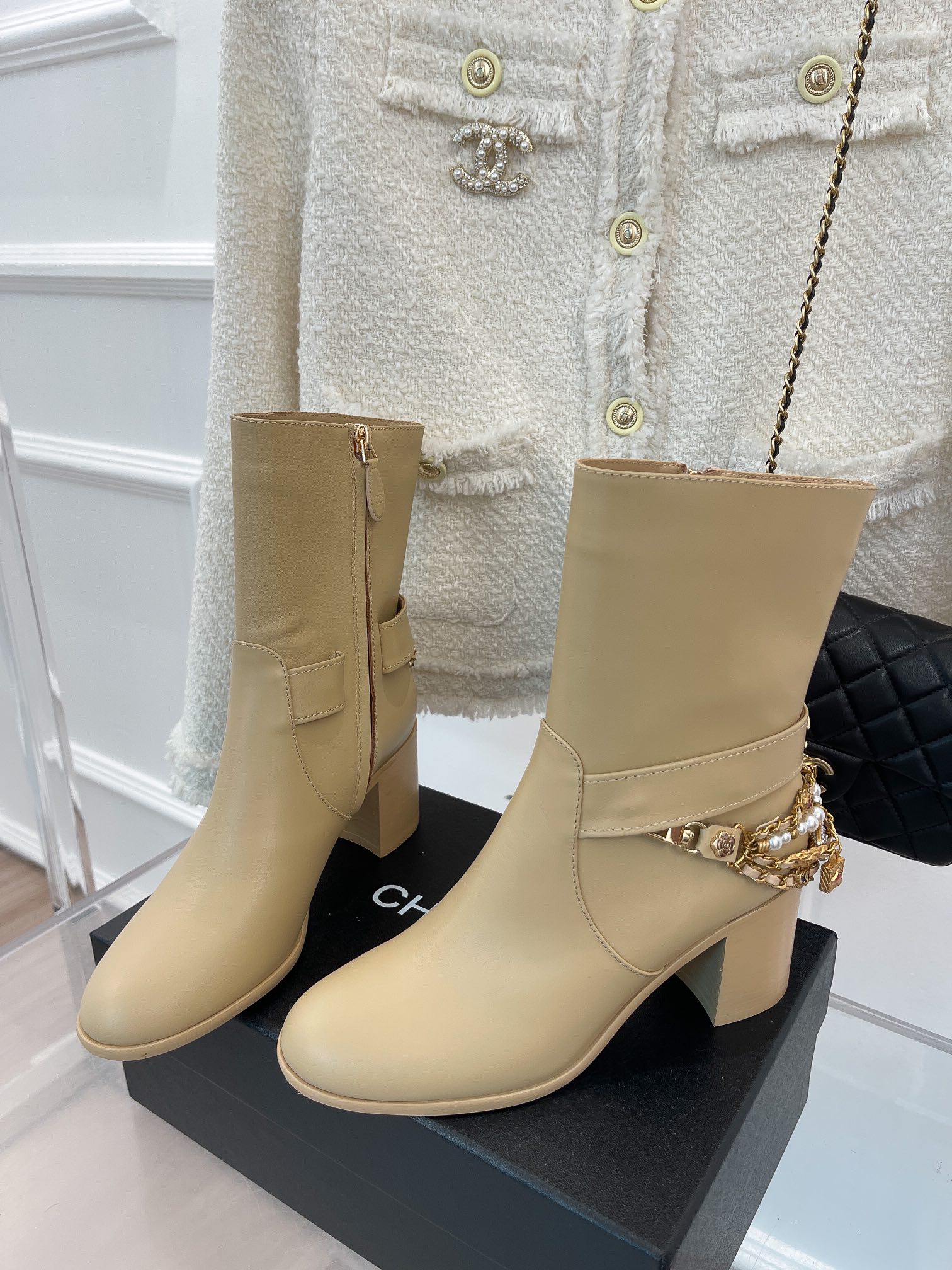 Chanel Women’s Ankle Boots With Decor Beige For Women 3.7in/9.5cm