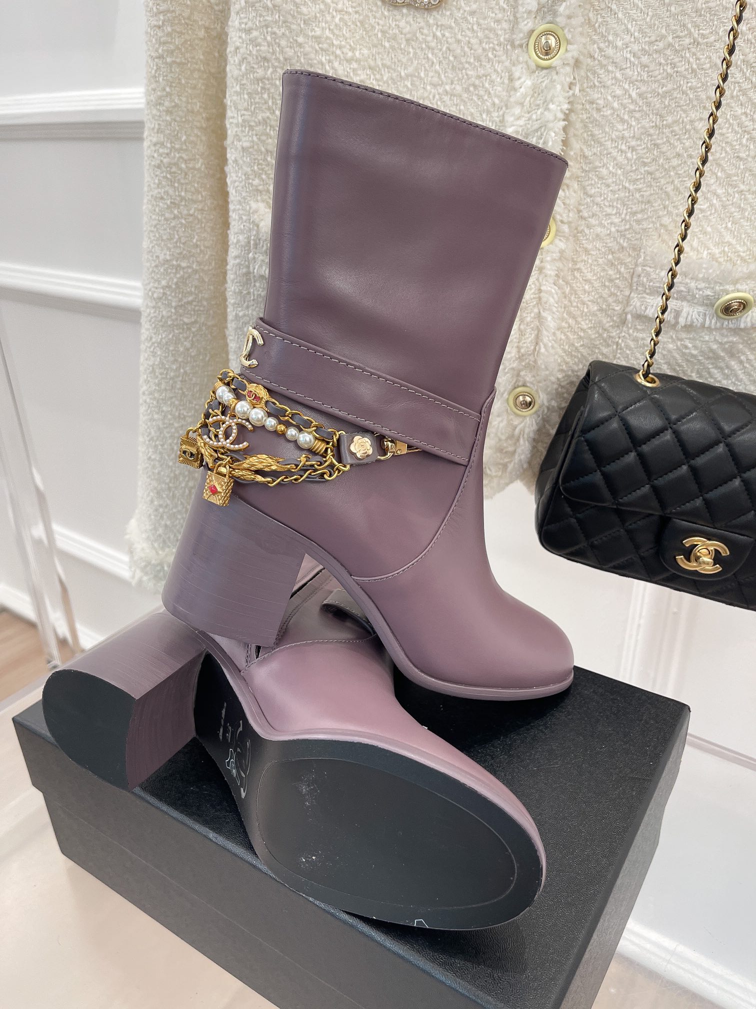 Chanel Women’s Ankle Boots With Decor Light Violet For Women 3.7in/9.5cm