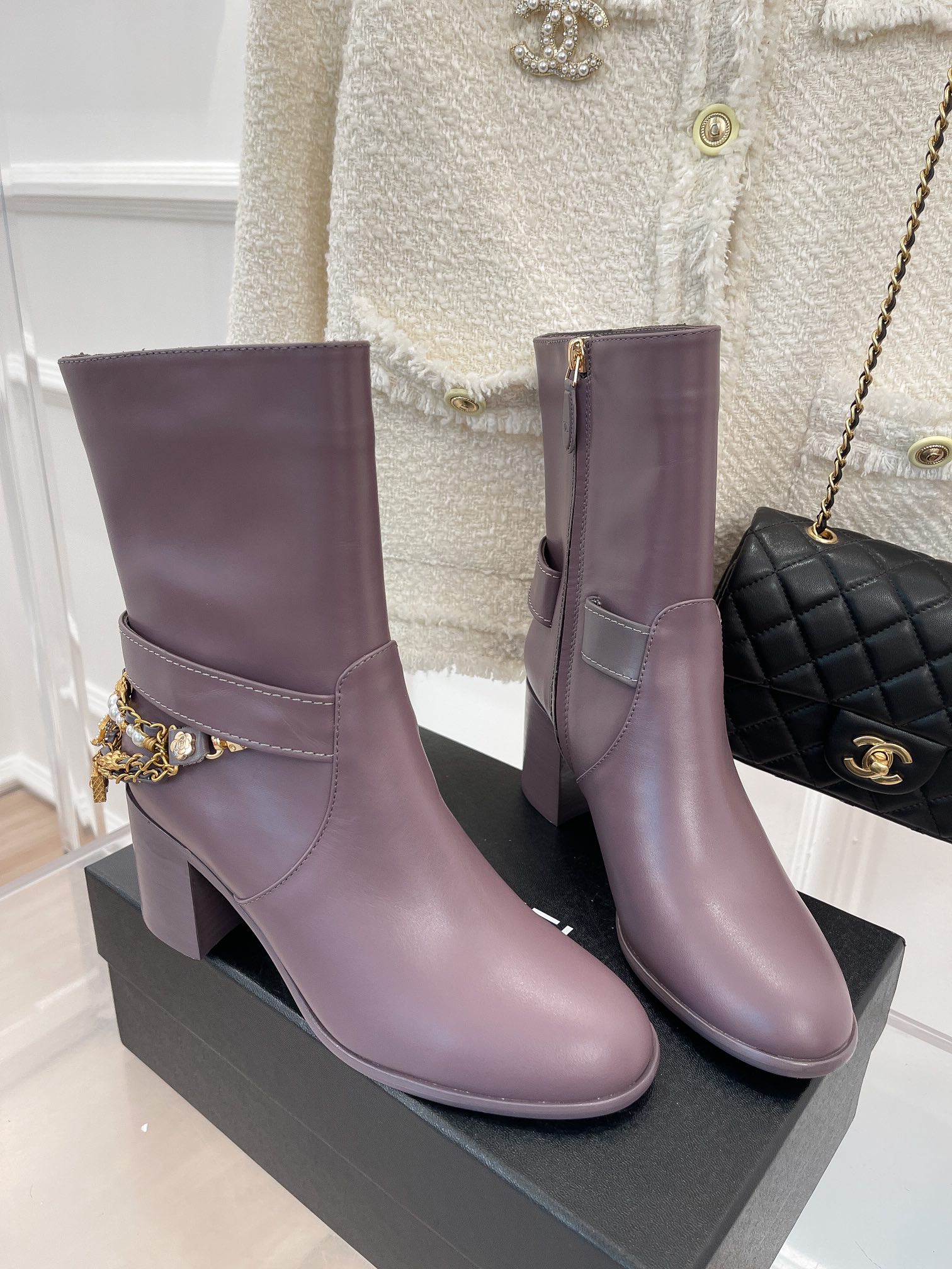 Chanel Women’s Ankle Boots With Decor Light Violet For Women 3.7in/9.5cm