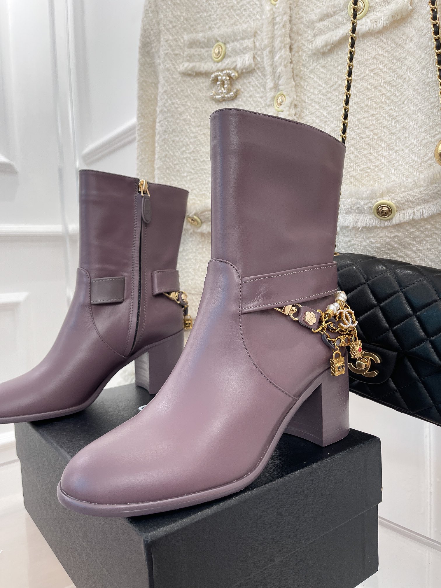 Chanel Women’s Ankle Boots With Decor Light Violet For Women 3.7in/9.5cm