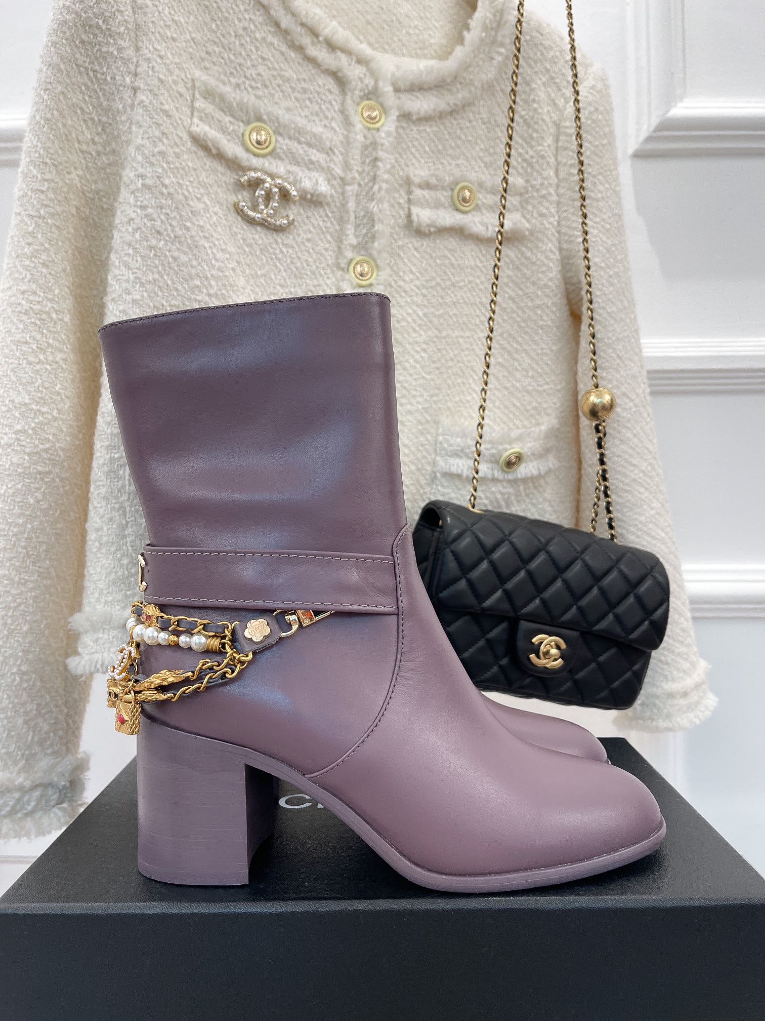 Chanel Women’s Ankle Boots With Decor Light Violet For Women 3.7in/9.5cm