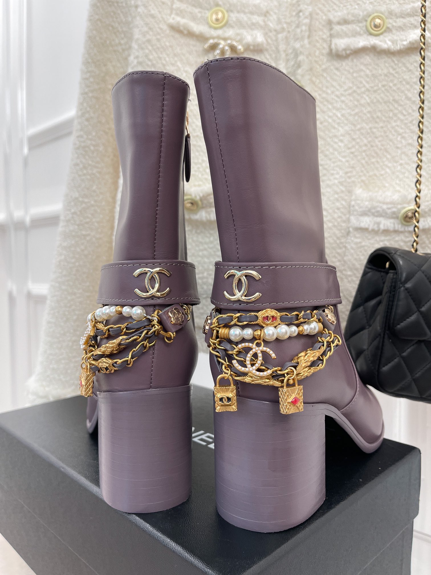Chanel Women’s Ankle Boots With Decor Light Violet For Women 3.7in/9.5cm