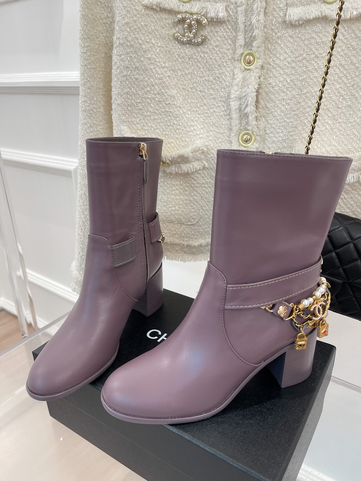 Chanel Women’s Ankle Boots With Decor Light Violet For Women 3.7in/9.5cm