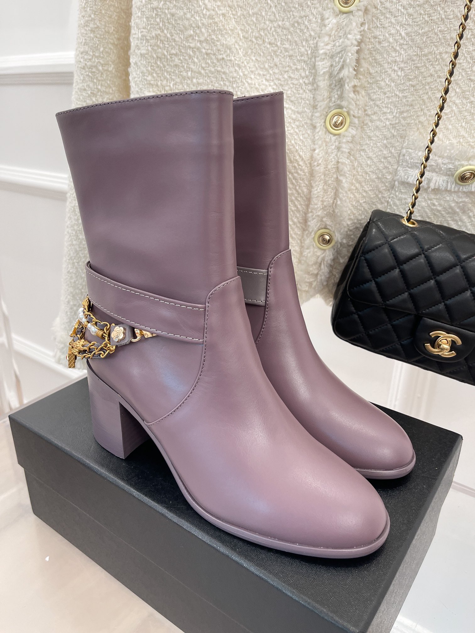 Chanel Women’s Ankle Boots With Decor Light Violet For Women 3.7in/9.5cm