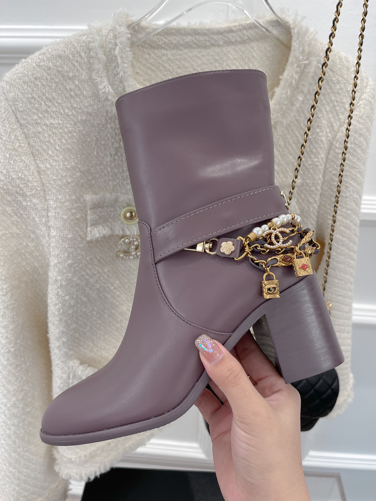Chanel Women’s Ankle Boots With Decor Light Violet For Women 3.7in/9.5cm