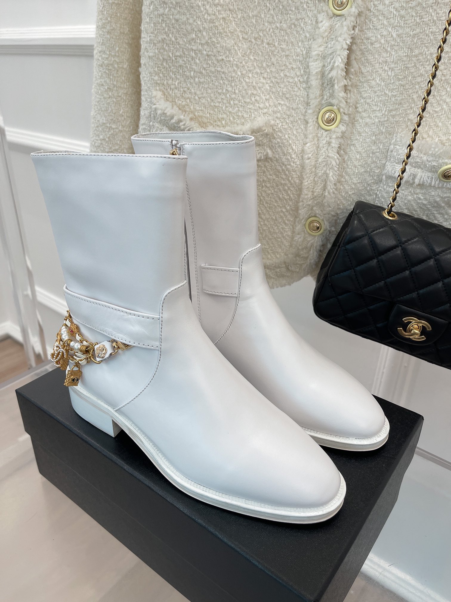 Chanel Women’s Ankle Boots With Decor White For Women 1.5in/ 4cm