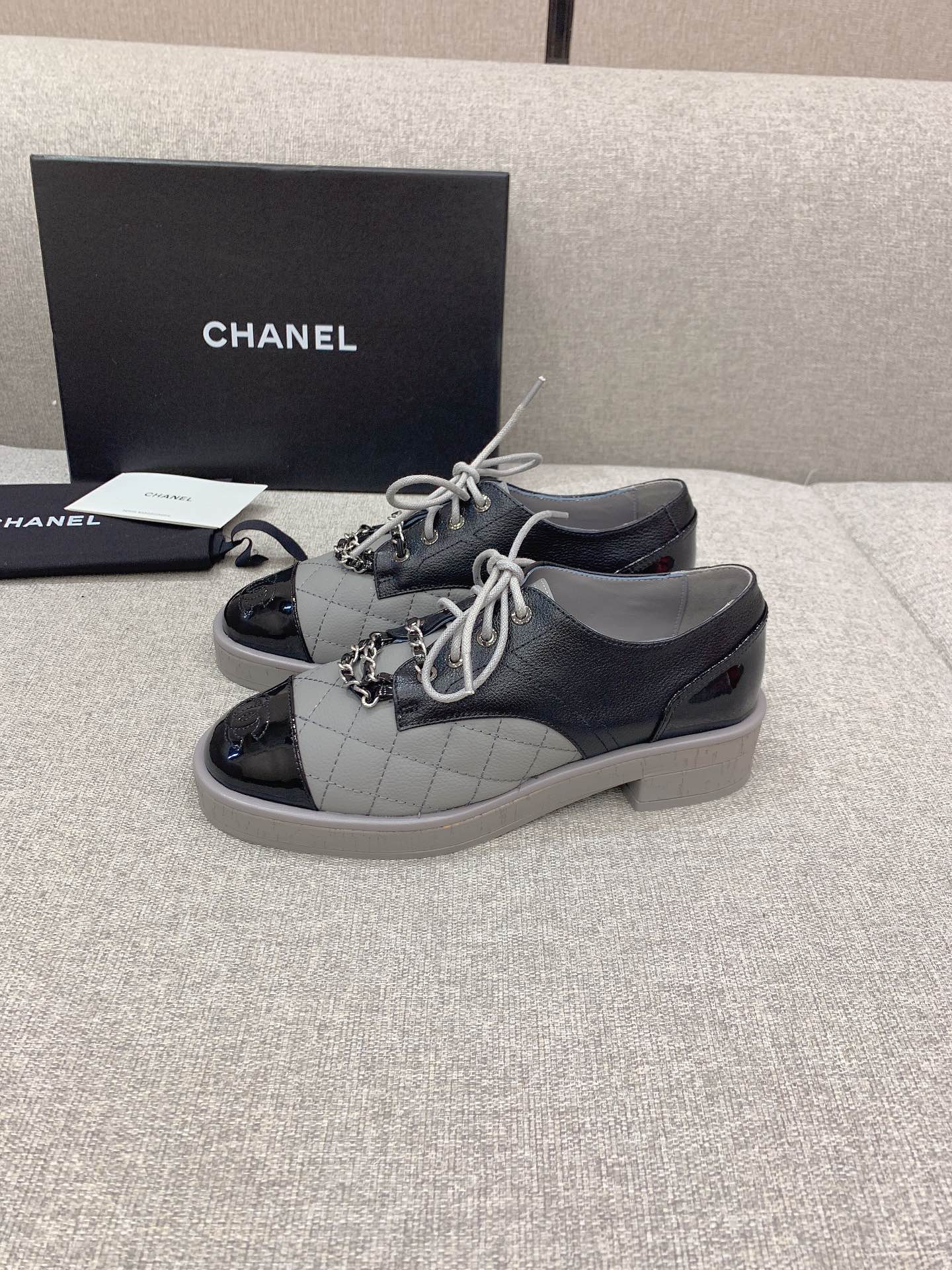 Chanel Women’s Lace- Ups With Gold Chain Black And Grey For Women 1.6in/4cm