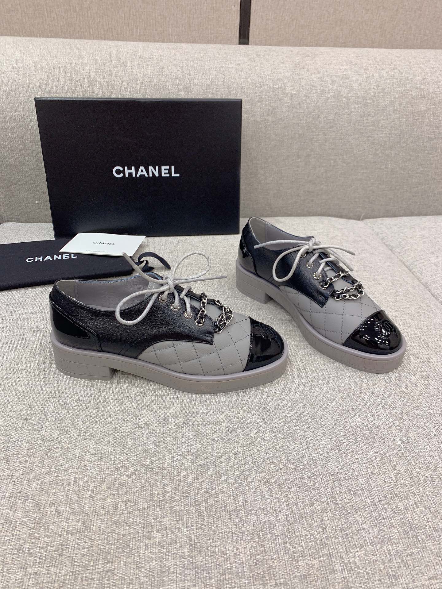 Chanel Women’s Lace- Ups With Gold Chain Black And Grey For Women 1.6in/4cm