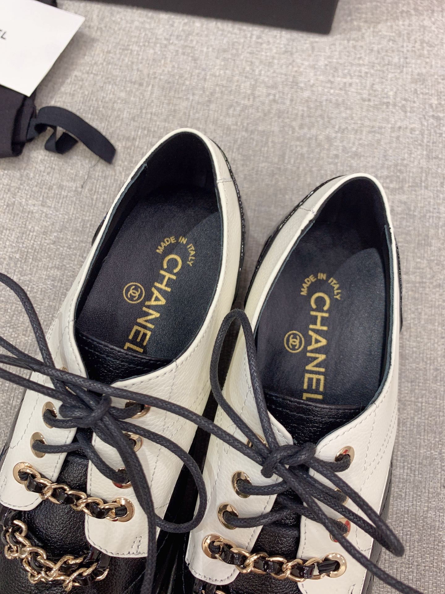 Chanel Women’s Lace- Ups With Gold Chain Black And White For Women 1.6in/4cm