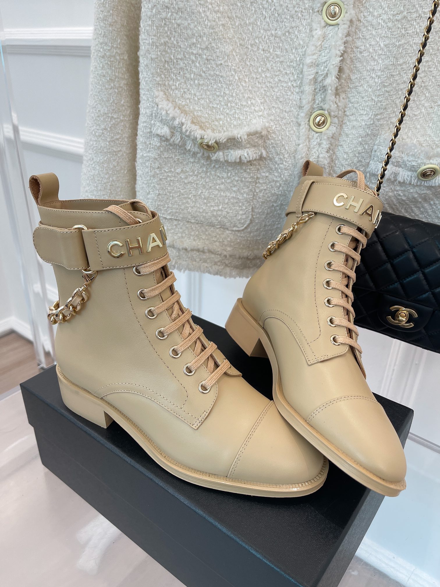 Chanel Women’s Lace-Up With Chain Beige For Women 1.5in/4cm