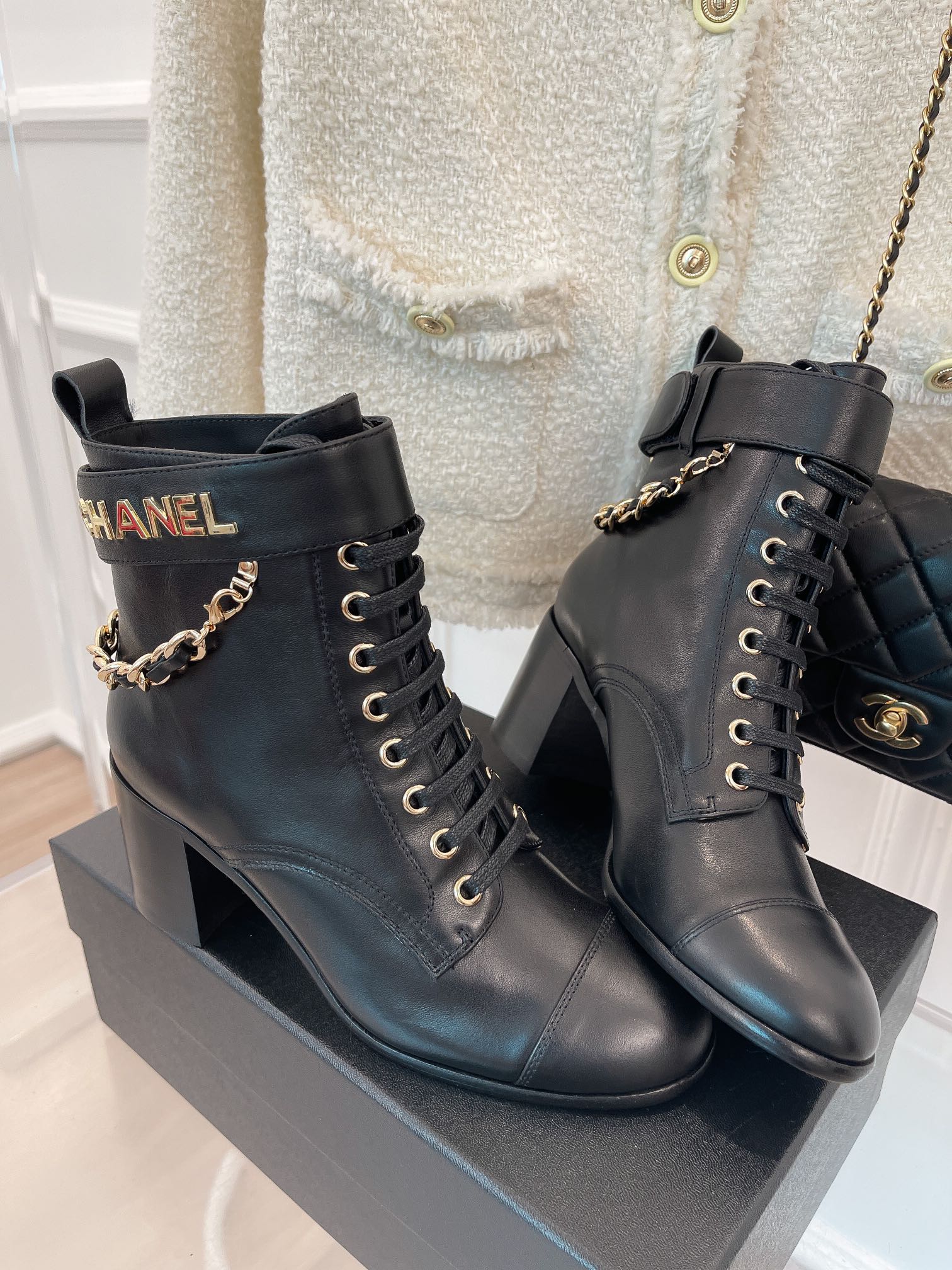 Chanel Women’s Lace-Up With Chain Black For Women 3.7in/9.5cm