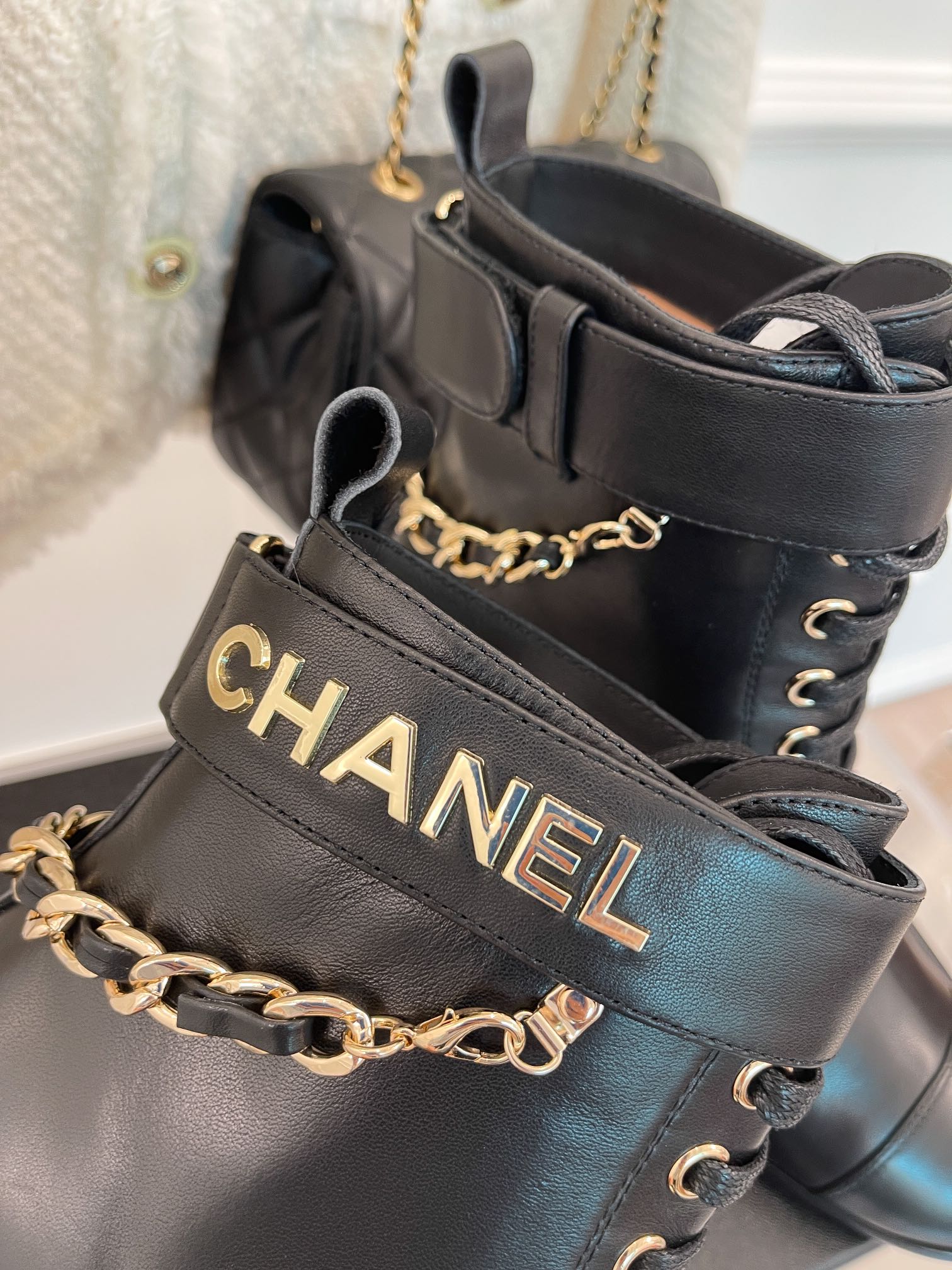 Chanel Women’s Lace-Up With Chain Black For Women 3.7in/9.5cm