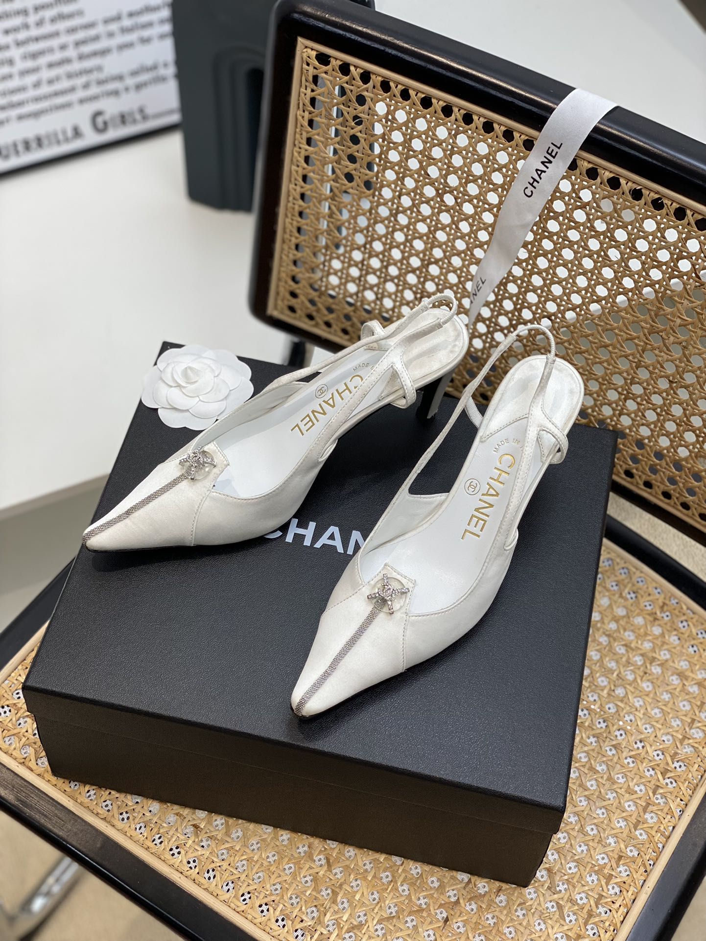 Chanel Women’s Pumps Heels Satin White For Women 3in/7.6cm