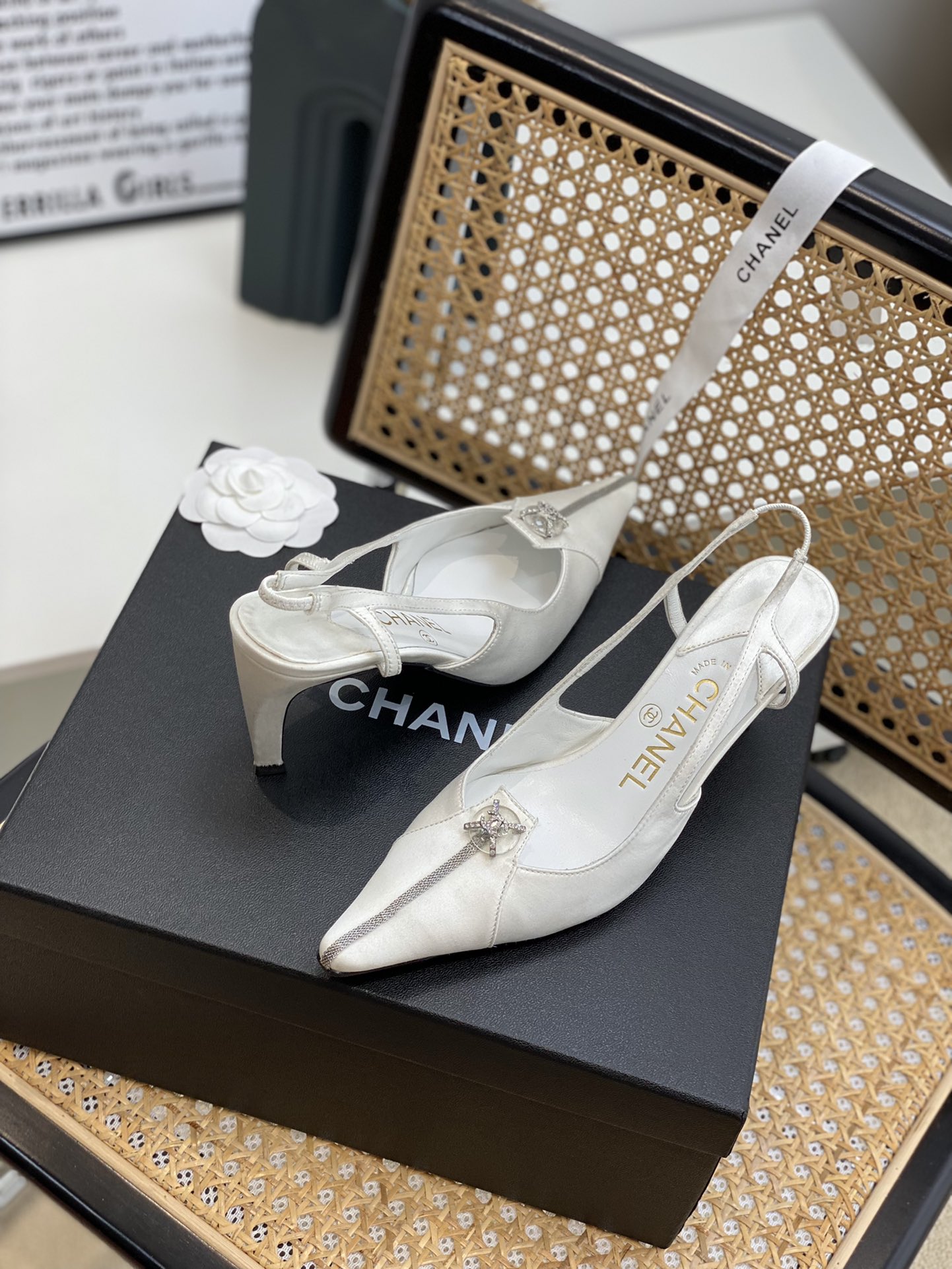 Chanel Women’s Pumps Heels Satin White For Women 3in/7.6cm