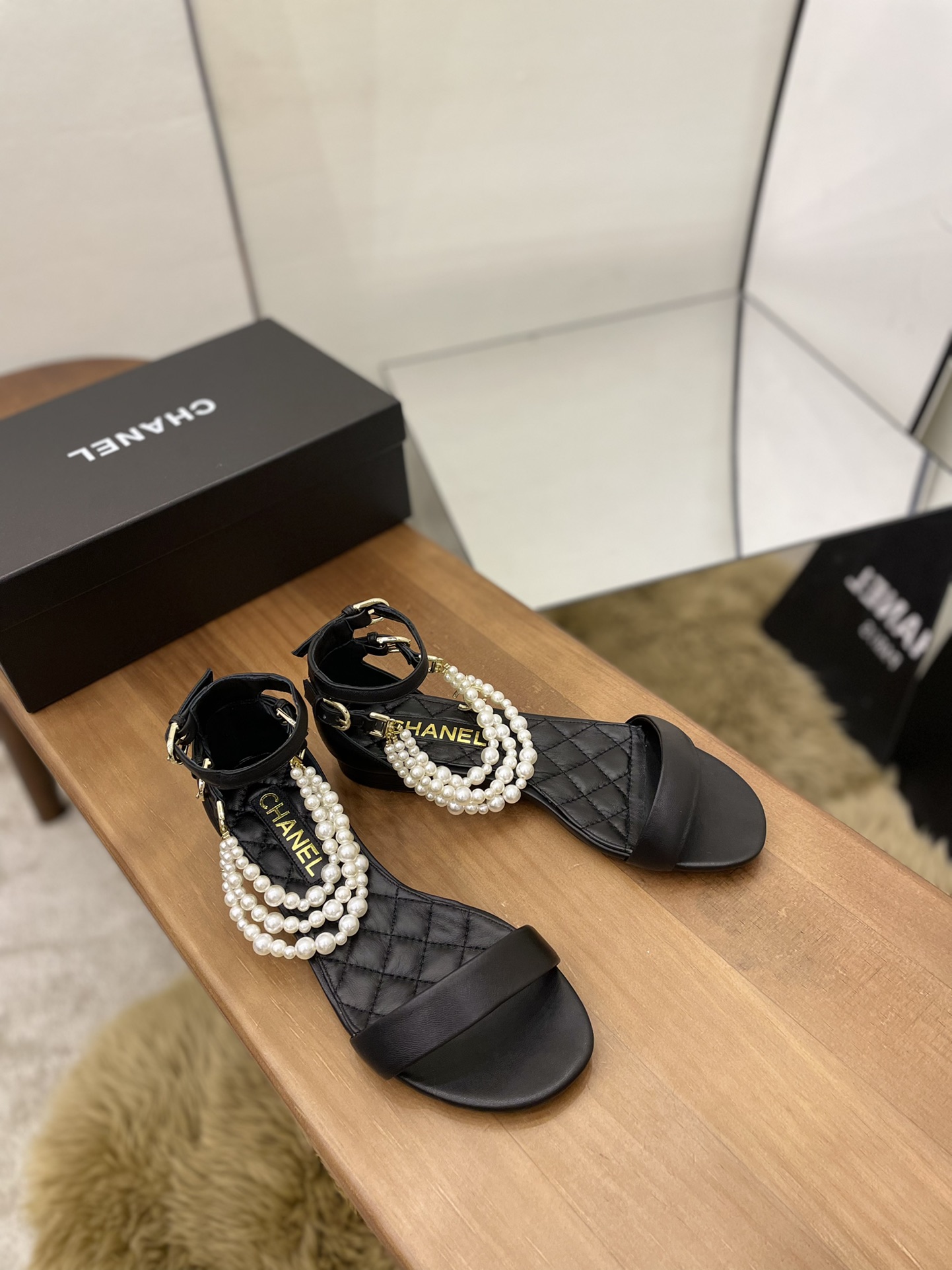Chanel Women’s Sandals With Imitation Pearls Black For Women
