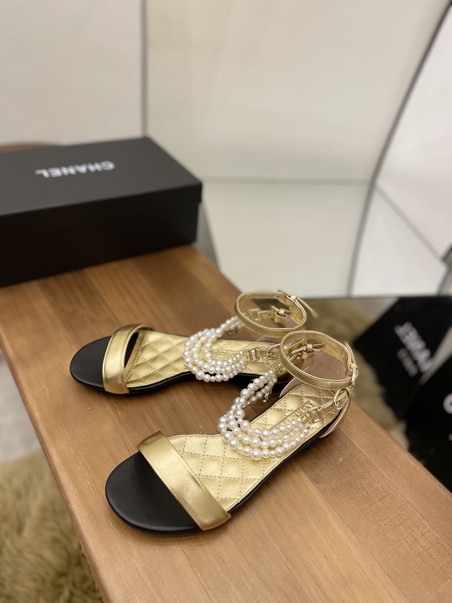 Chanel Women’s Sandals With Imitation Pearls Gold For Women