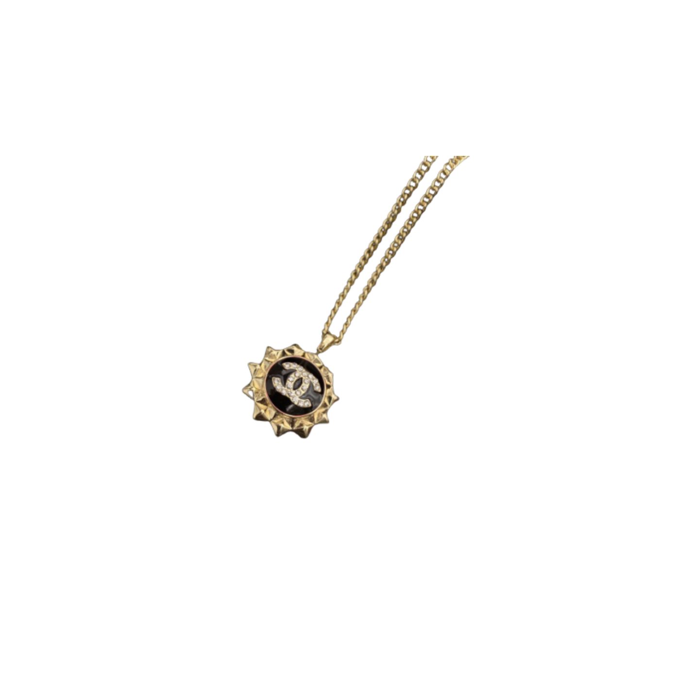Chanel Yellow Border Black Sun Shape Necklace Gold Tone For Women