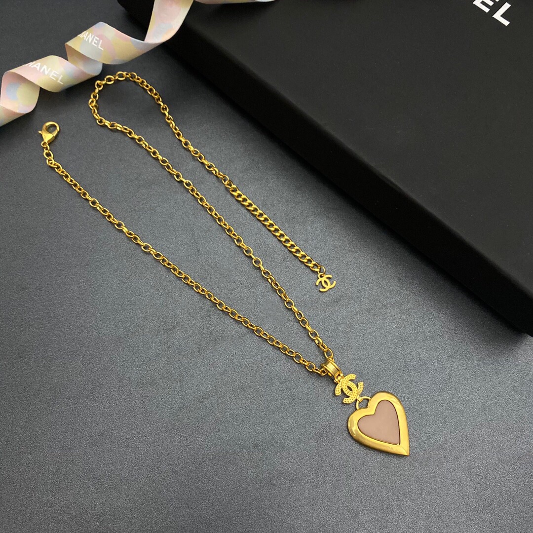 Chanel Yellow Thick Border Heart Necklace Gold Tone For Women