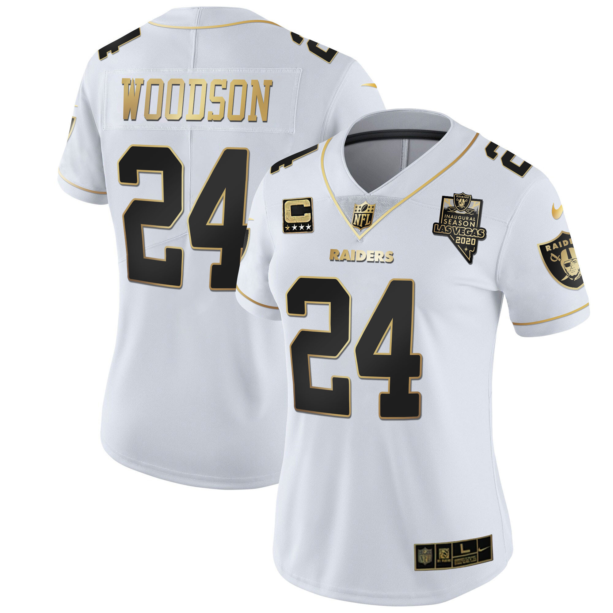 Charles Woodson Women's Las Vegas Raiders Inaugural Season Patch Gold & Split White Gold Jersey - All Stitched 