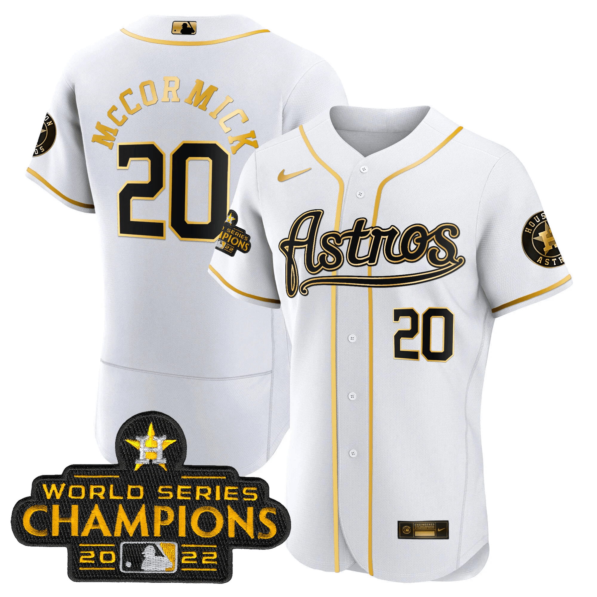 Chas McCormick Men's Houston Astros Champions & Throwback Patch Gold V2 Flex White Jersey - All Stitched