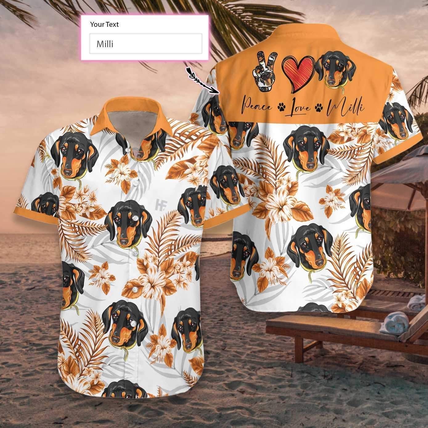Check Out This Awesome Personalized Peace Love Dachshund Custom Hawaiian Shirt