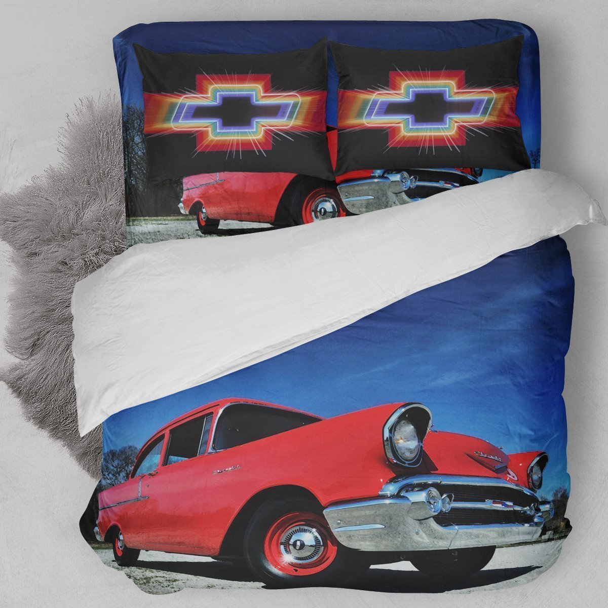 Chevrolet 57 Chevy Bel Air Red Duvet Cover Bedding Set