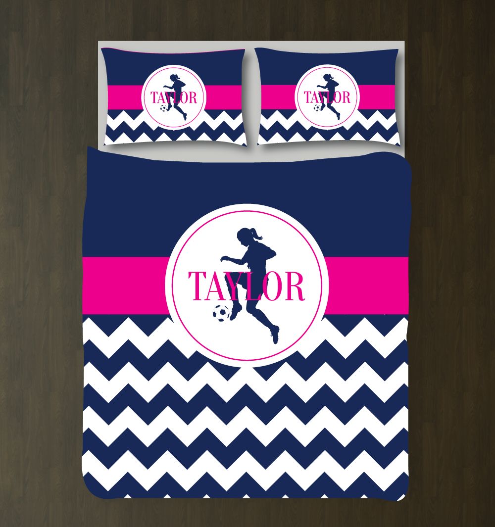 Chevron Soccer Customized Navy Blue, Hot Pink And White Duvet Cover Bedding Set