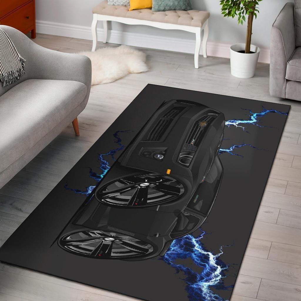 Chevy Camaro Muscle Car Art Blue Lightening Area Rectangle Rug