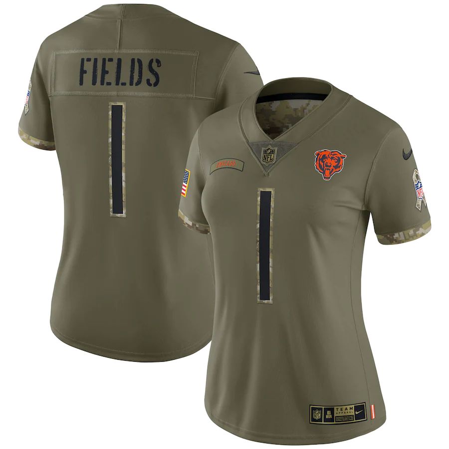 Chicago Bears #1 Justin Fields Women’s 2022 Salute To Service Jersey – Olive