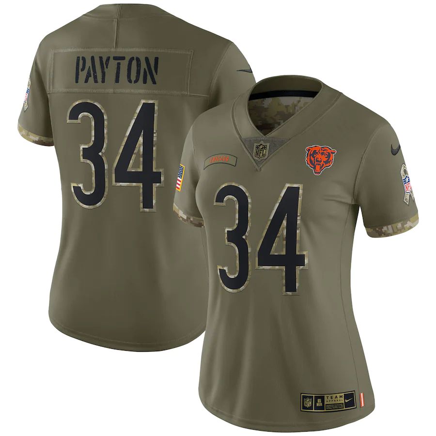 Chicago Bears #34 Walter Payton Women’s 2022 Salute To Service Jersey – Olive