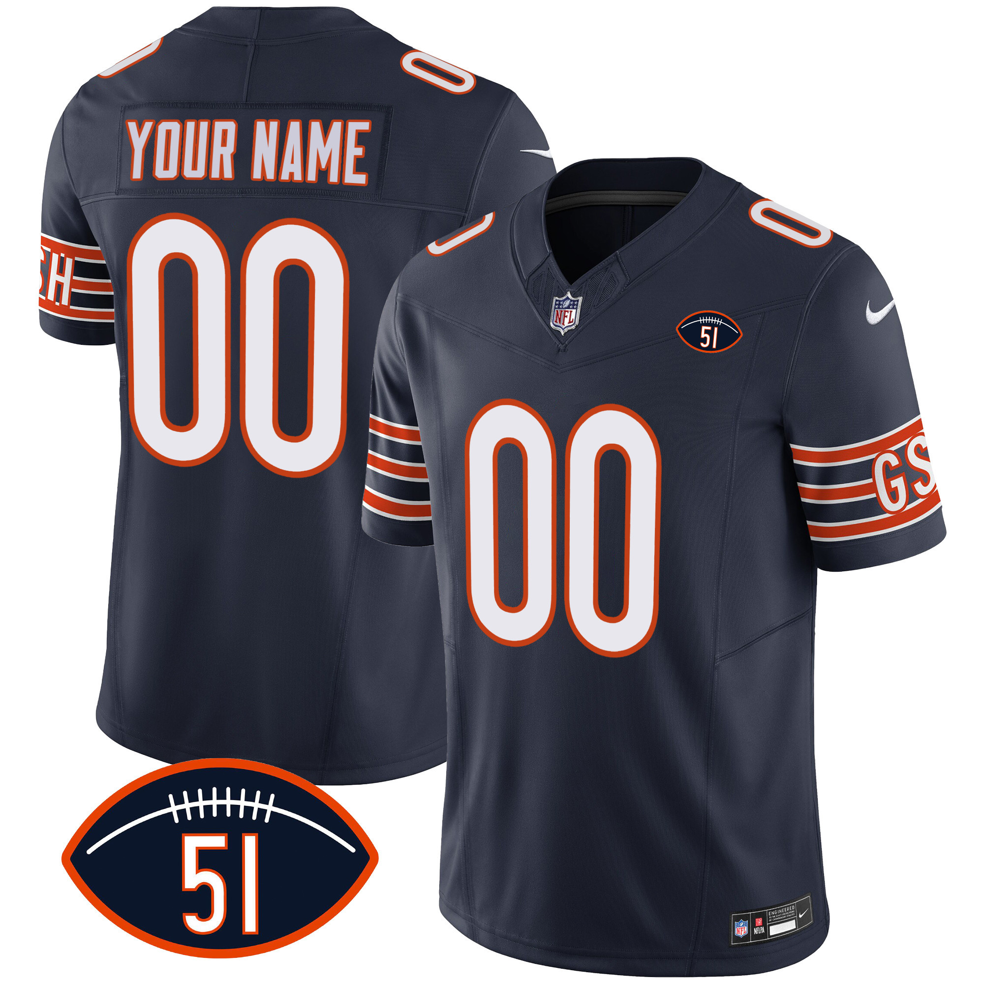 Chicago Bears Dick Butkus Patch GSH Vapor Custom Navy Jersey - All Stitched 