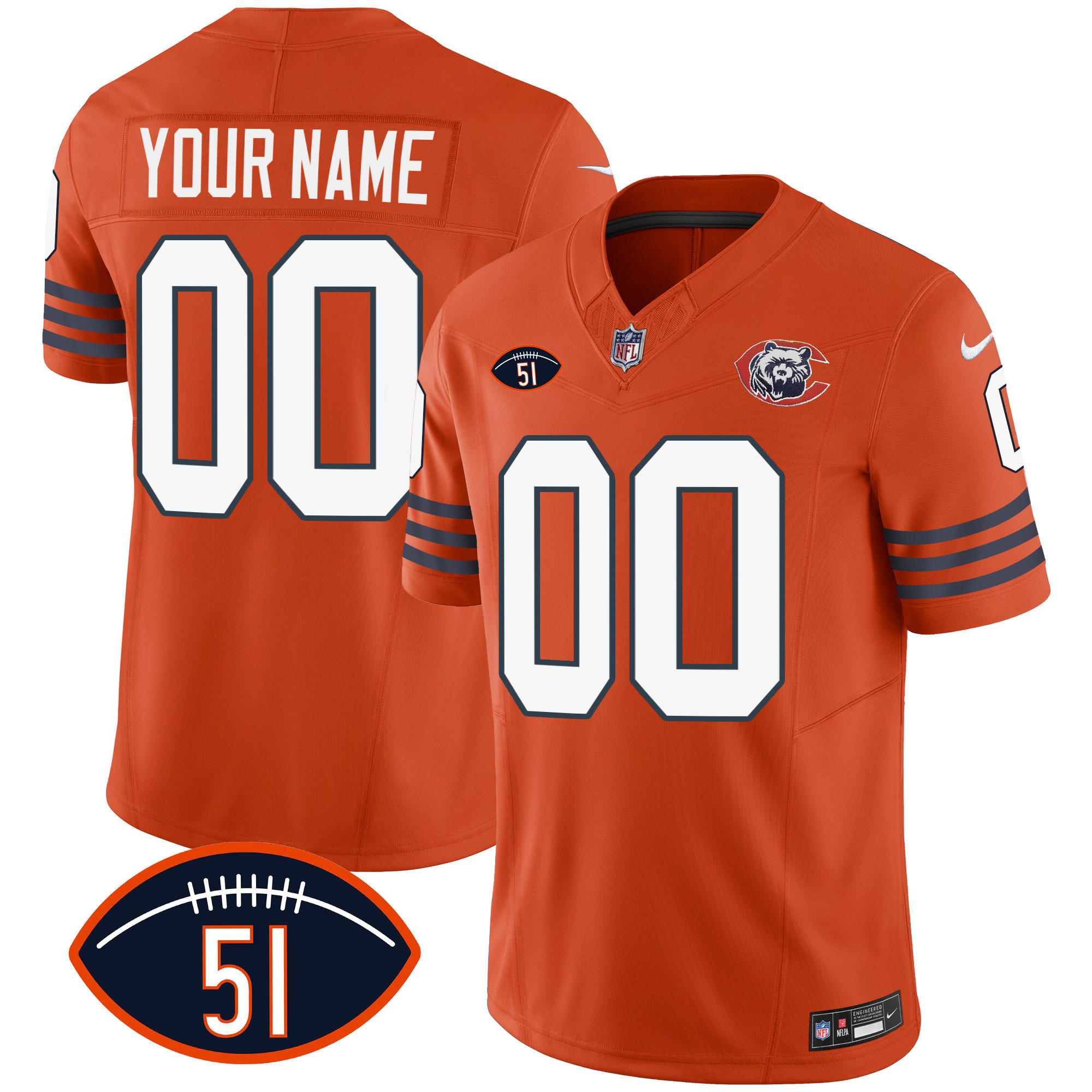 Chicago Bears Dick Butkus Patch Throwback Vapor Custom Orange Jersey - All Stitched 