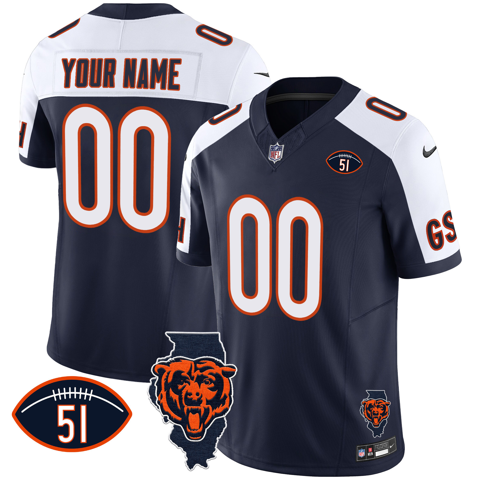 Chicago Bears Illinois Patch Vapor Custom Alternate Jersey - All Stitched 