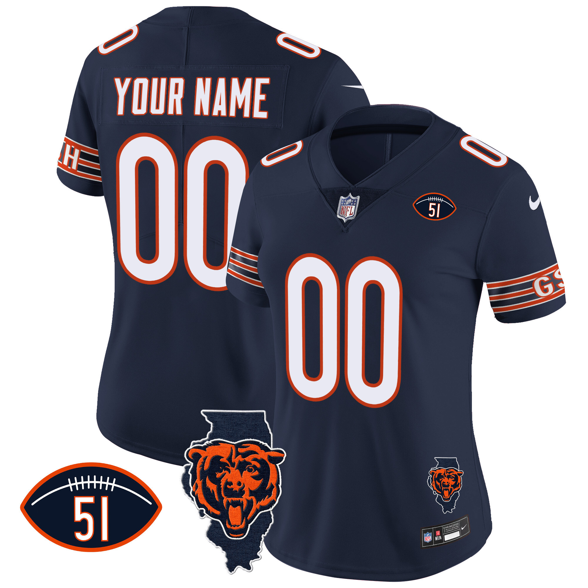 Chicago Bears Illinois Patch Vapor Custom Navy Jersey - All Stitched 