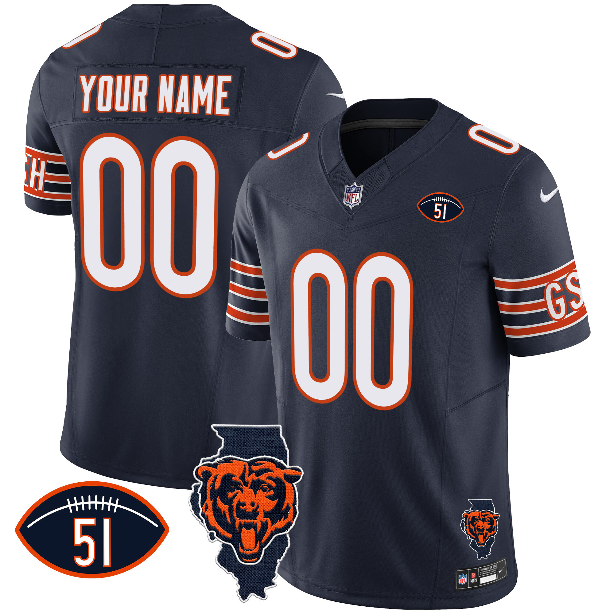 Chicago Bears Illinois Patch Vapor Custom Navy Jersey - All Stitched 