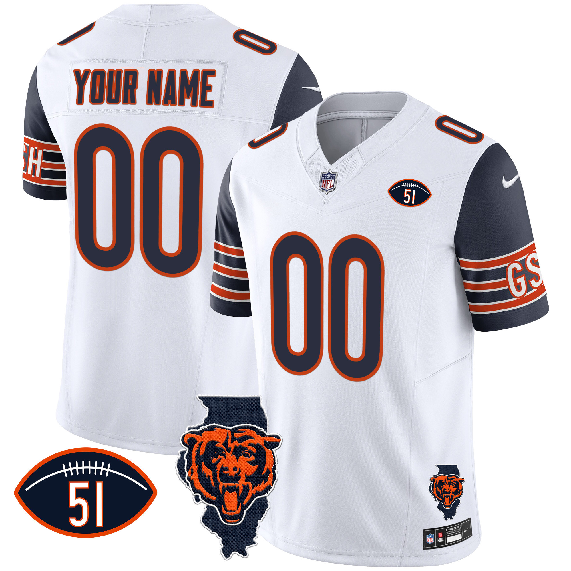 Chicago Bears Illinois Patch Vapor Custom Navy Sleeves Jersey - All Stitched 