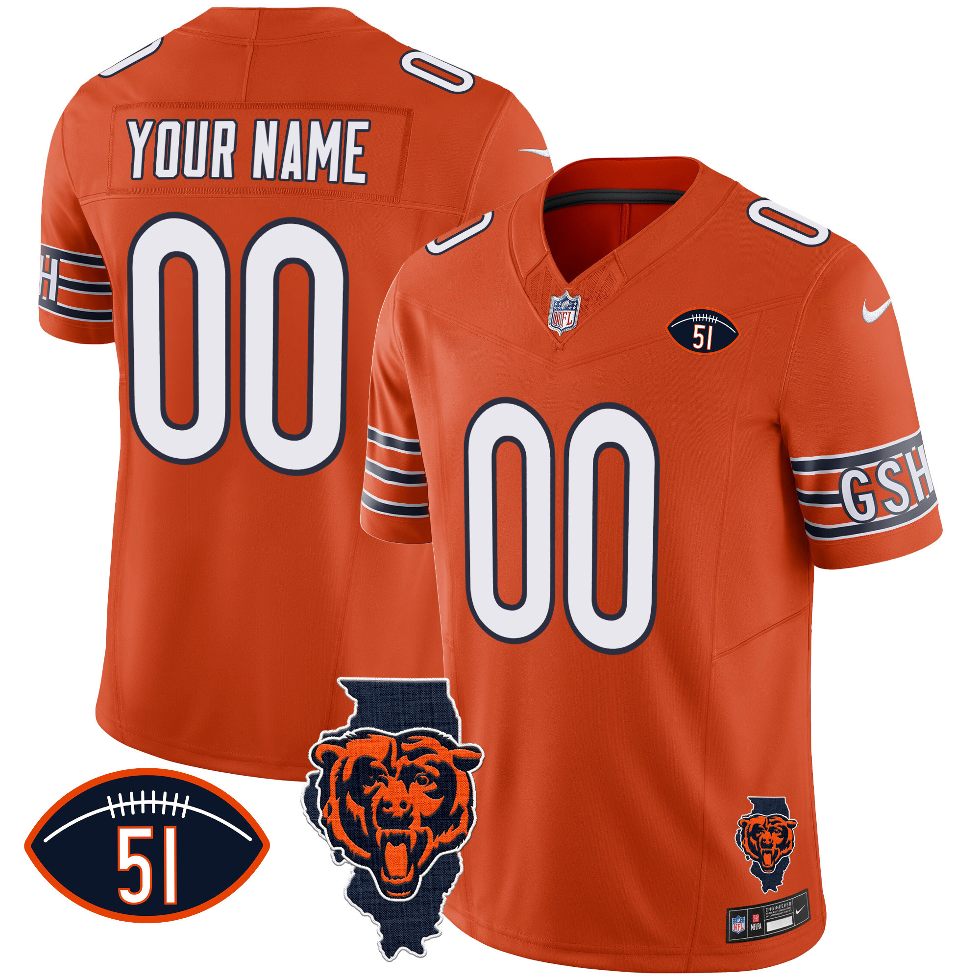 Chicago Bears Illinois Patch Vapor Custom Orange Jersey - All Stitched 