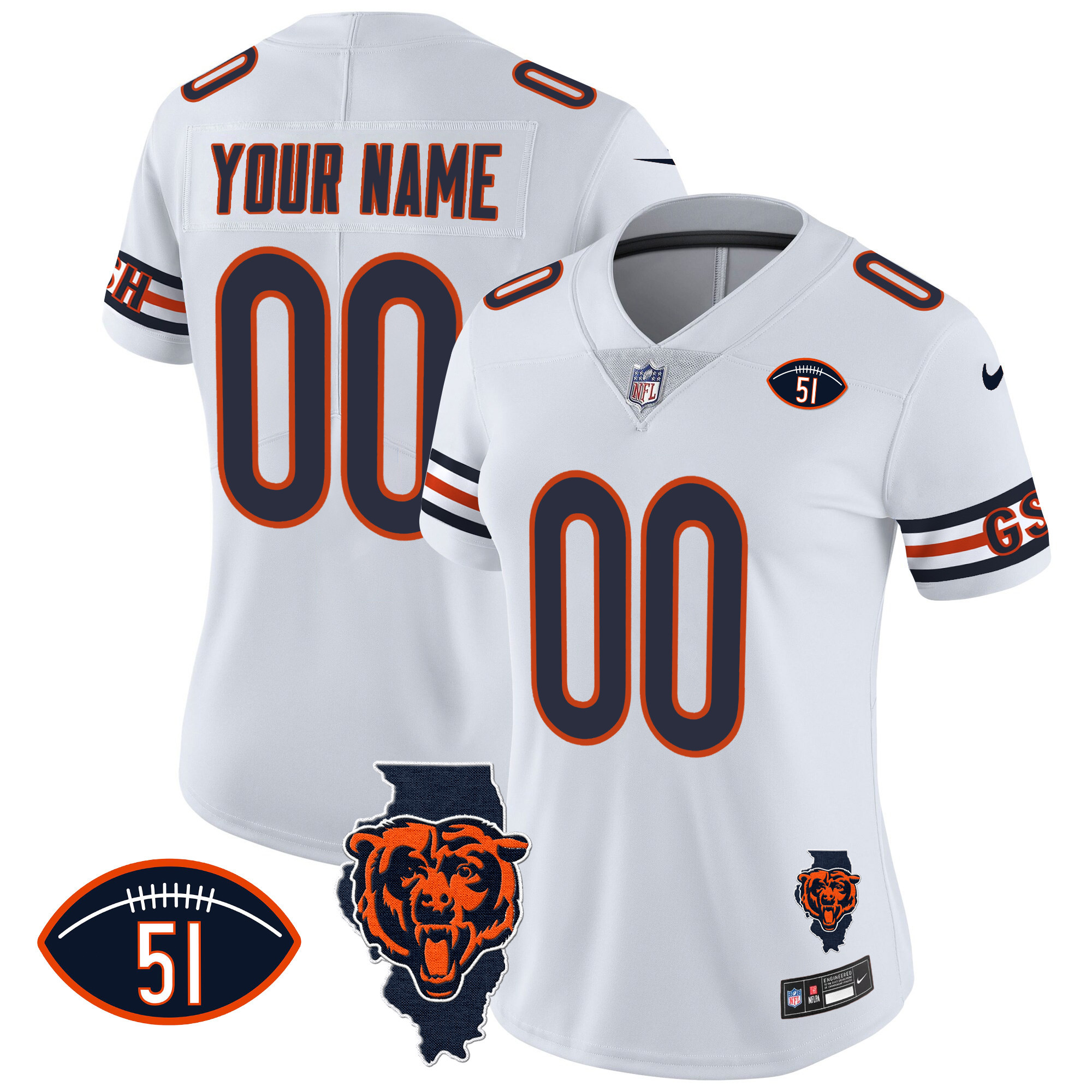 Chicago Bears Illinois Patch Vapor Custom White Jersey - All Stitched 
