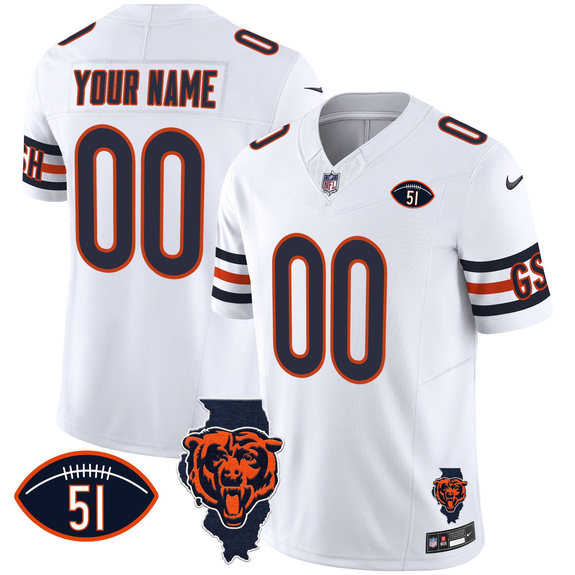 Chicago Bears Illinois Patch Vapor Custom White Jersey - All Stitched 