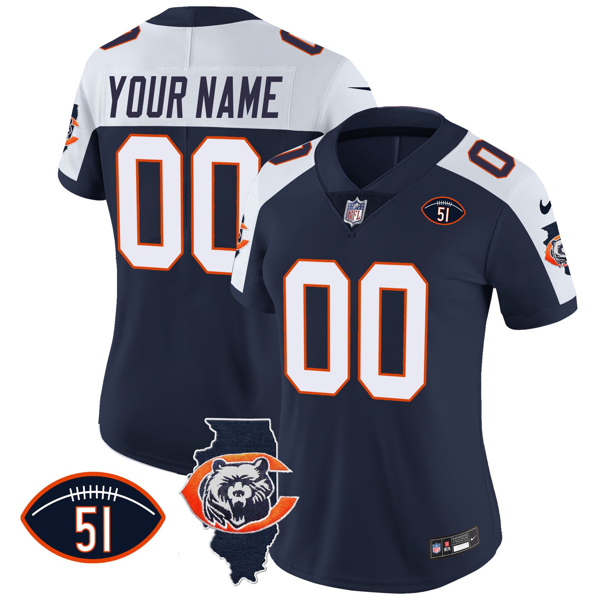Chicago Bears Throwback Illinois Patch Vapor Custom Alternate Jersey - All Stitched 