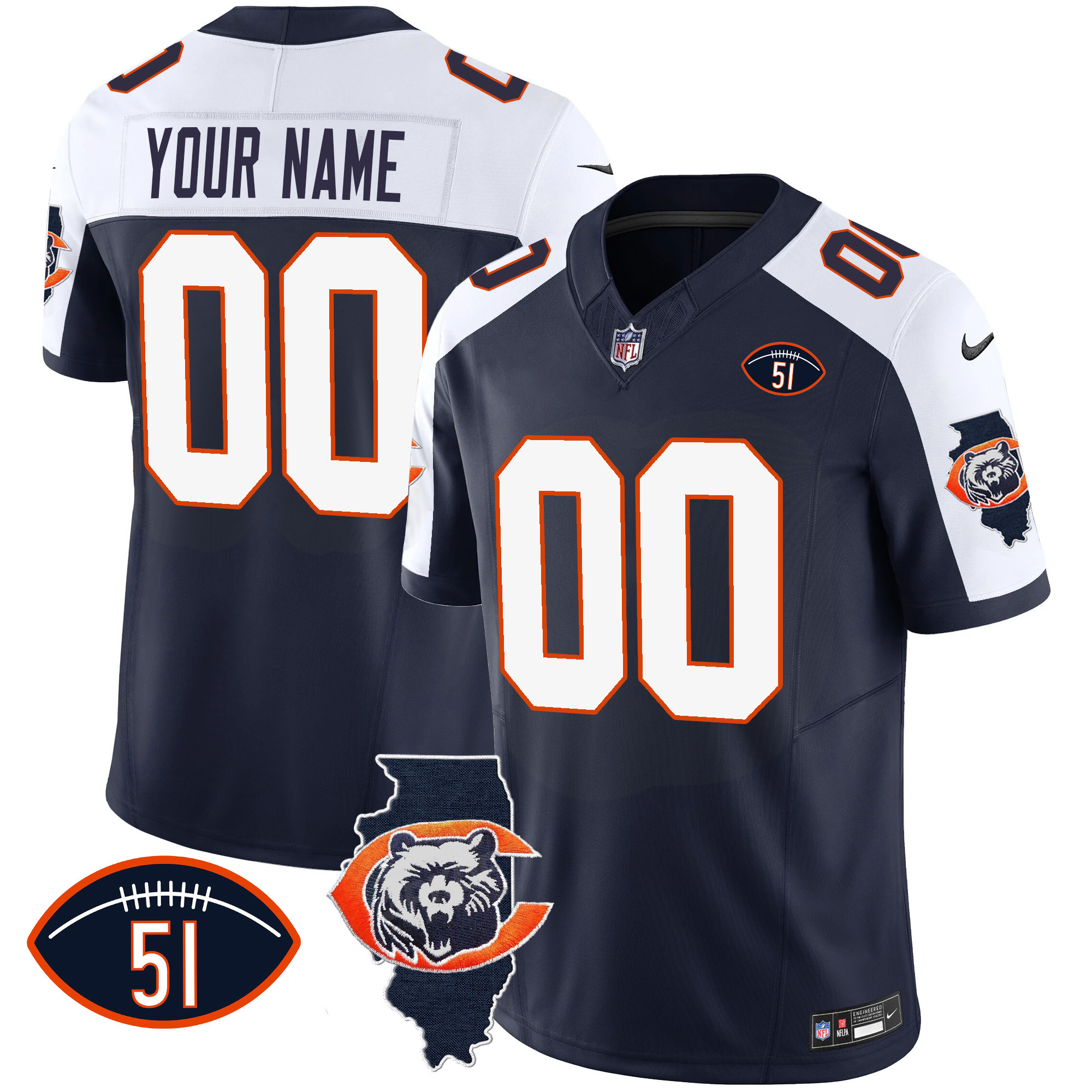 Chicago Bears Throwback Illinois Patch Vapor Custom Alternate Jersey - All Stitched 