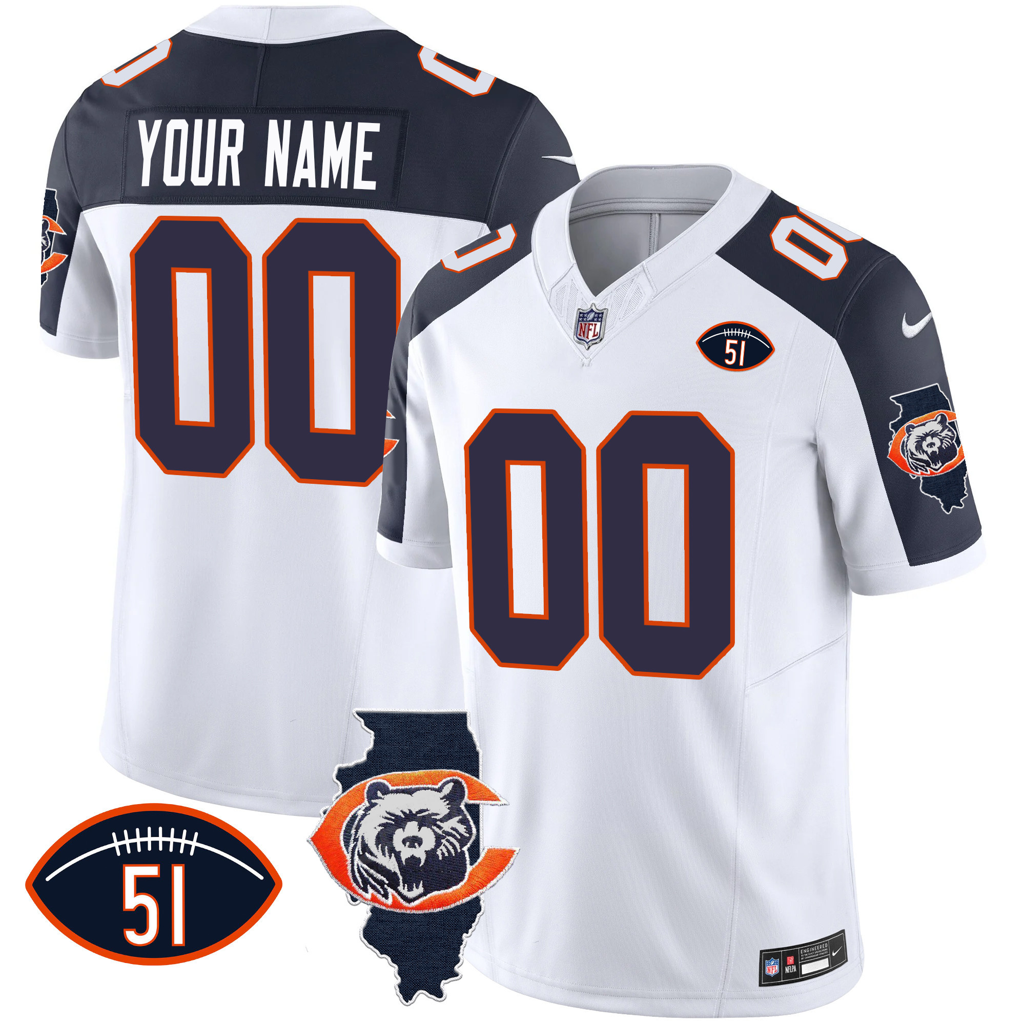 Chicago Bears Throwback Illinois Patch Vapor Custom Inverted Jersey - All Stitched 