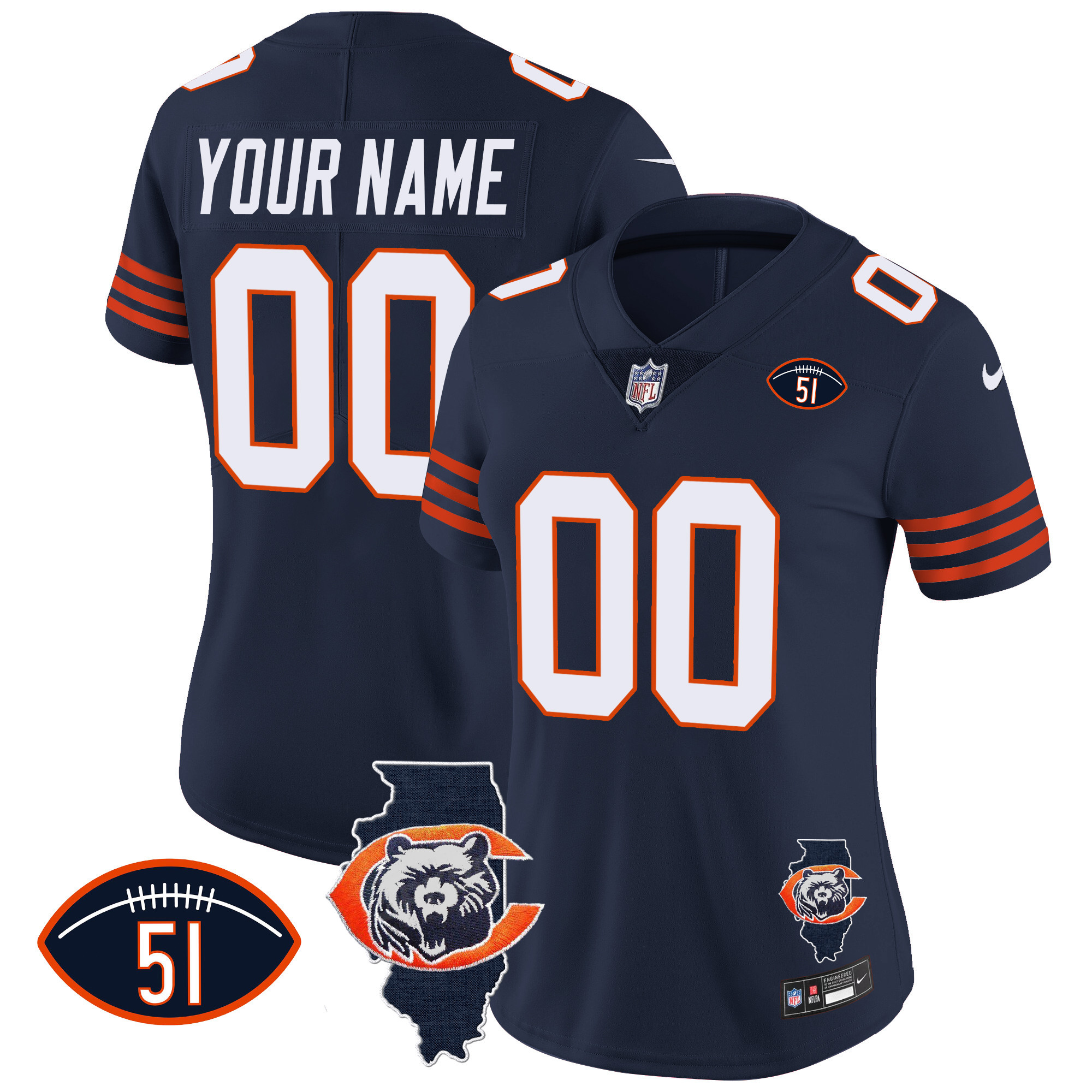 Chicago Bears Throwback Illinois Patch Vapor Custom Navy Jersey - All Stitched 