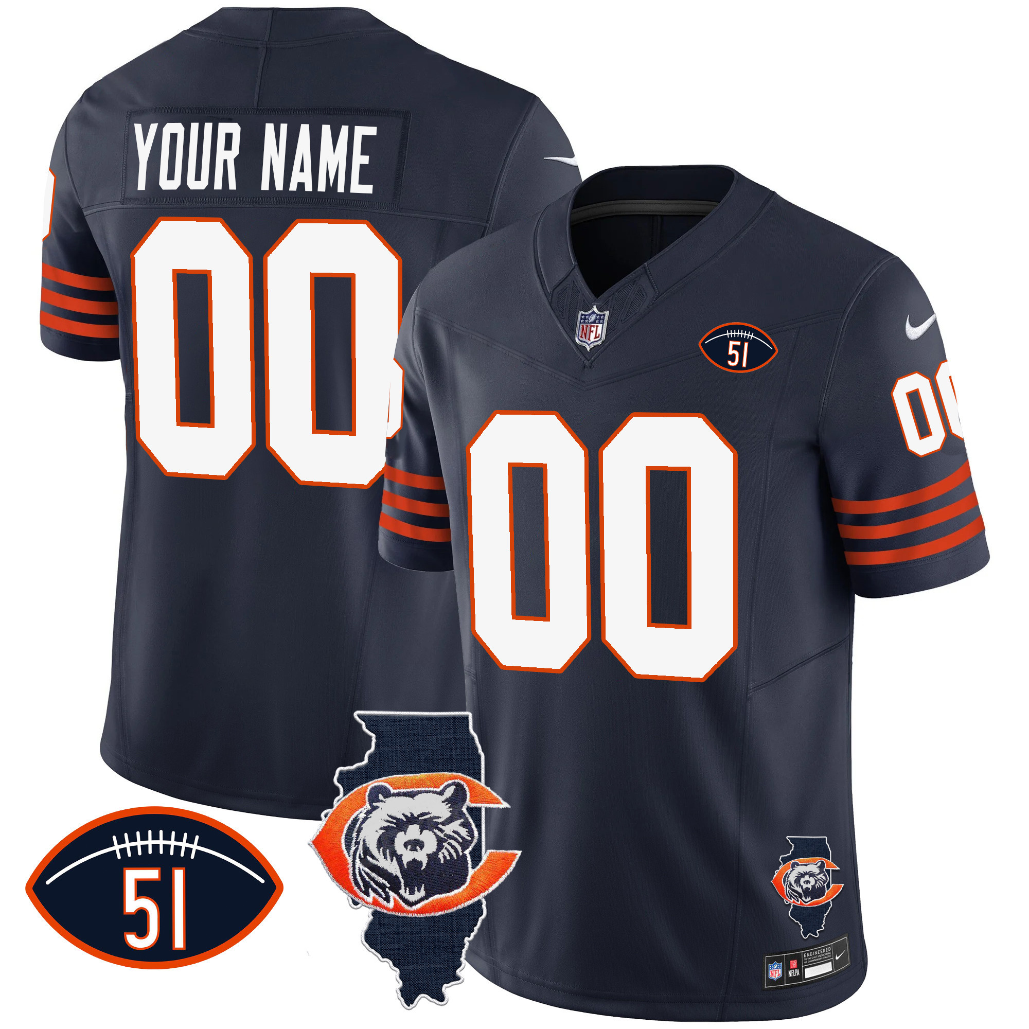 Chicago Bears Throwback Illinois Patch Vapor Custom Navy Jersey - All Stitched 
